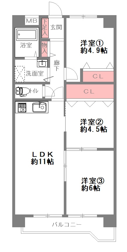 兵庫県尼崎市立花の中古マンションの間取り